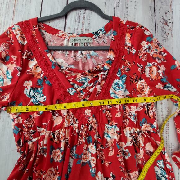 Red Floral Y2K Babydoll Ruffle Tunic Top M Flare Sleeves Boho Hippie Asymmetric - Picture 10 of 12